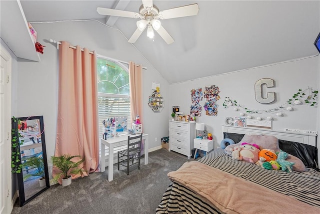 carpeted bedroom featuring vaulted ceiling with beams and ceiling fan