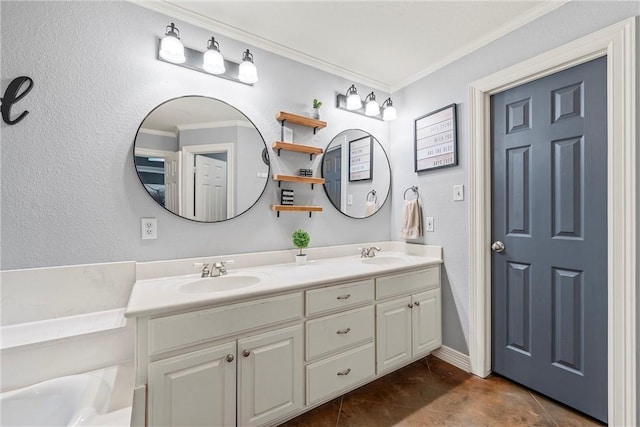 bathroom featuring tile patterned flooring, vanity, and crown molding