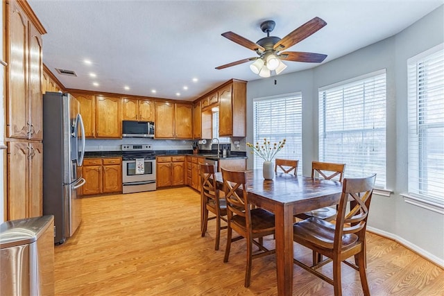 kitchen featuring light wood-type flooring, plenty of natural light, and appliances with stainless steel finishes