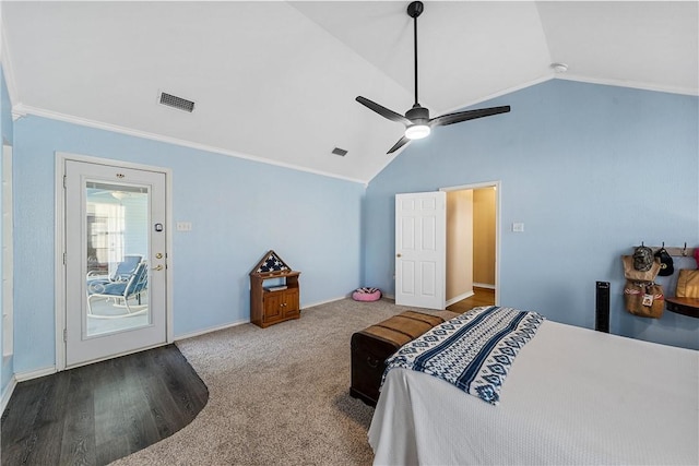 bedroom with carpet flooring, ceiling fan, lofted ceiling, and crown molding