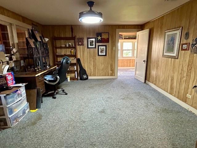 office space with carpet flooring and wood walls