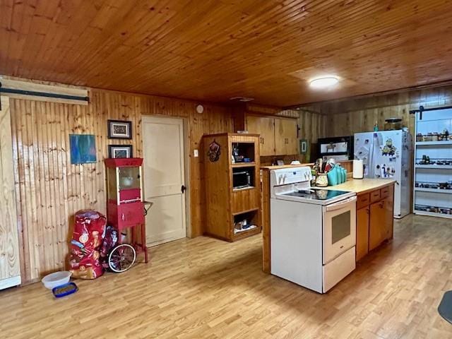 kitchen featuring light wood-type flooring, white appliances, wooden walls, and wood ceiling