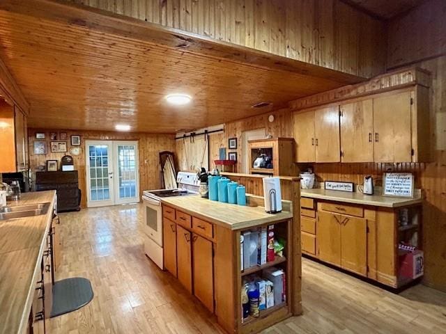 kitchen featuring light wood-type flooring, white electric range oven, sink, wooden ceiling, and wood walls