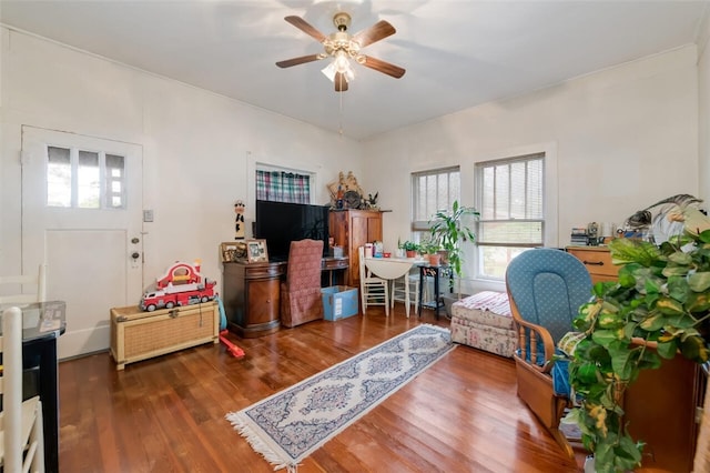 living room featuring dark hardwood / wood-style floors, plenty of natural light, and ceiling fan