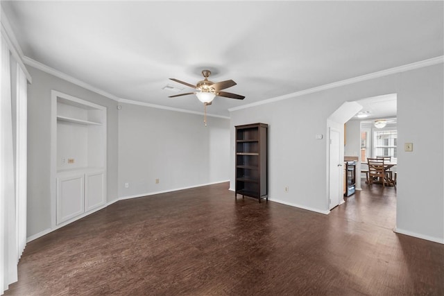 unfurnished living room with built in features, baseboards, dark wood-style floors, and a ceiling fan