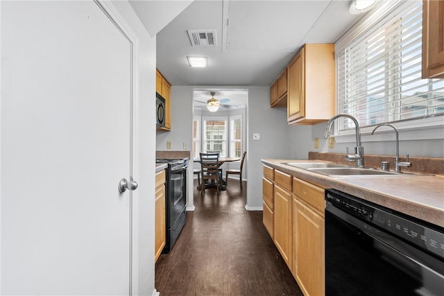 kitchen featuring visible vents, black appliances, a sink, ceiling fan, and dark wood-style flooring