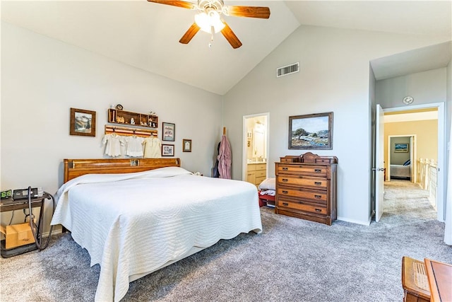 bedroom with ceiling fan, high vaulted ceiling, carpet floors, and ensuite bath