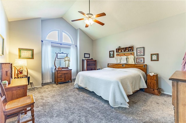 bedroom with ceiling fan, carpet, and lofted ceiling