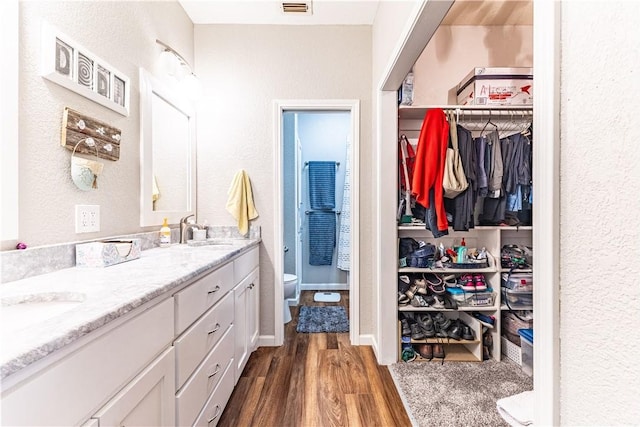 bathroom with vanity, toilet, and hardwood / wood-style floors