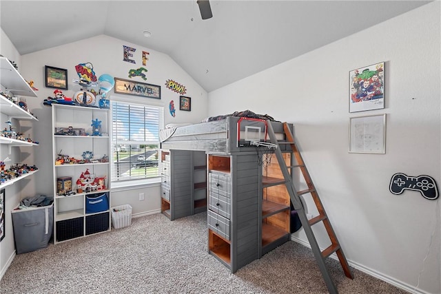 bedroom with ceiling fan, carpet floors, and vaulted ceiling