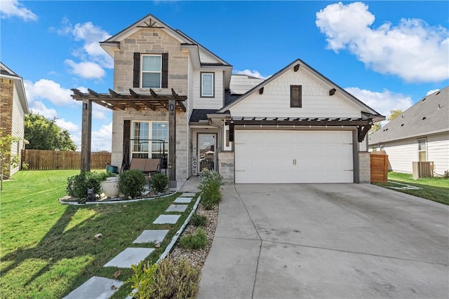 view of front of property with a pergola, a garage, and a front lawn