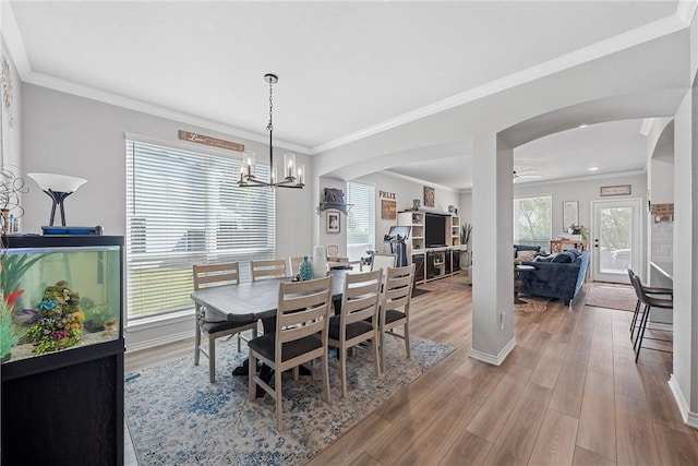 dining area featuring ornamental molding, ceiling fan with notable chandelier, and hardwood / wood-style flooring