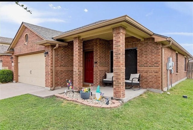 ranch-style house with a garage and a front yard