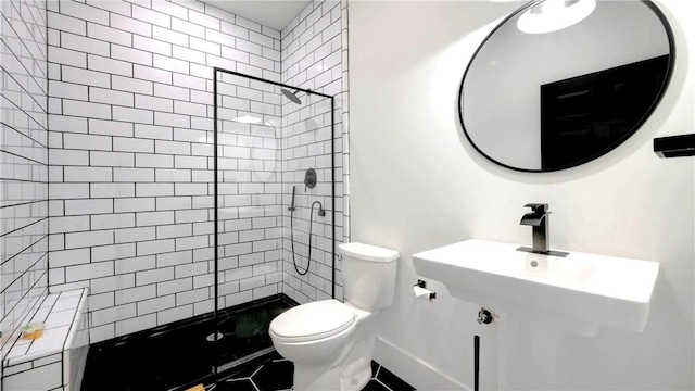 bathroom with toilet, sink, and a tile shower