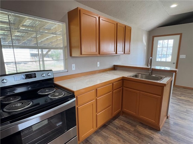 kitchen with vaulted ceiling, sink, dark hardwood / wood-style flooring, kitchen peninsula, and electric stove