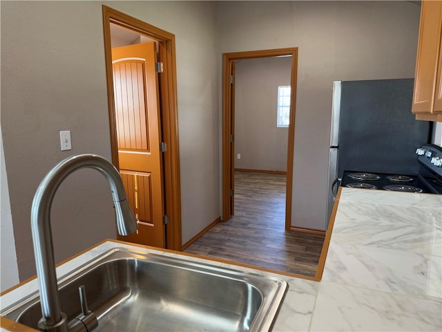 kitchen with sink, stainless steel range with electric cooktop, and hardwood / wood-style floors