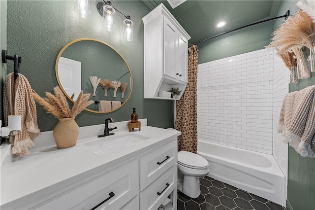 full bathroom with tile patterned flooring, vanity, toilet, and shower / tub combo