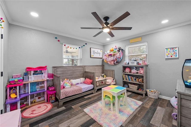 bedroom featuring ceiling fan, crown molding, and dark hardwood / wood-style floors