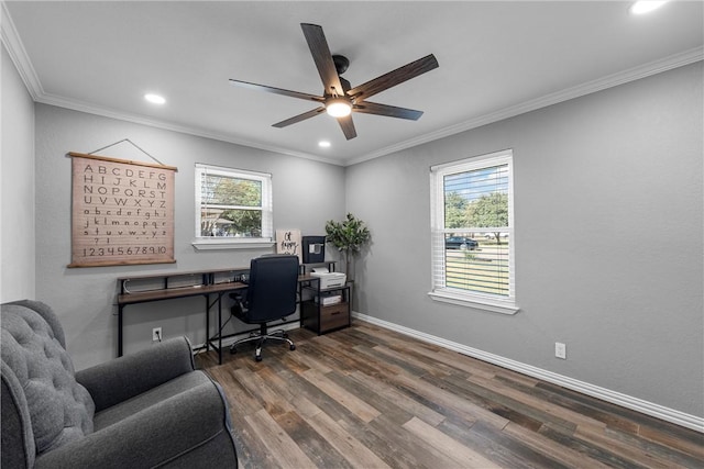 office area featuring a wealth of natural light, ceiling fan, dark hardwood / wood-style floors, and ornamental molding