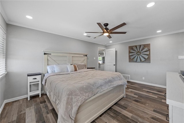 bedroom with ceiling fan, crown molding, and dark wood-type flooring