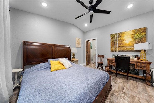 bedroom featuring ceiling fan, vaulted ceiling, wood finished floors, and recessed lighting