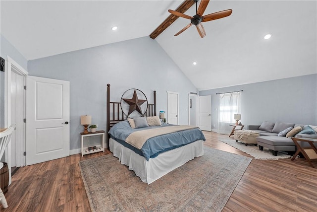 bedroom with high vaulted ceiling, recessed lighting, wood finished floors, a ceiling fan, and beamed ceiling