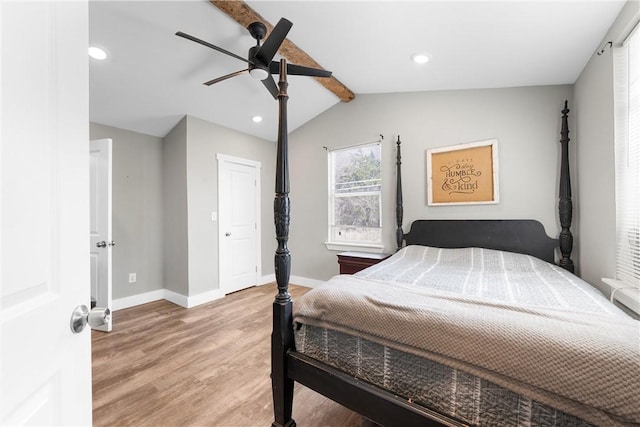 bedroom featuring vaulted ceiling with beams, recessed lighting, a ceiling fan, light wood-type flooring, and baseboards