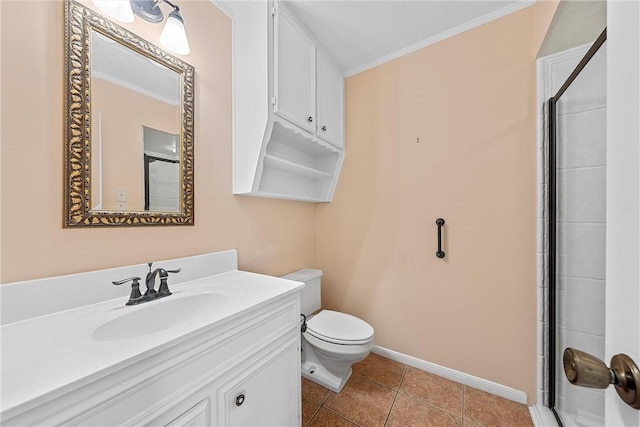 bathroom featuring tile patterned flooring, toilet, crown molding, and walk in shower