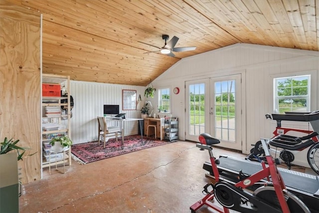 exercise area with ceiling fan, lofted ceiling, wood ceiling, and french doors