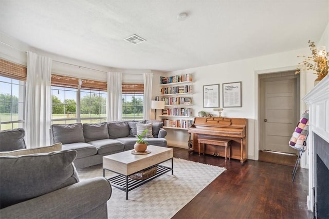 living room featuring a wealth of natural light and dark wood-type flooring