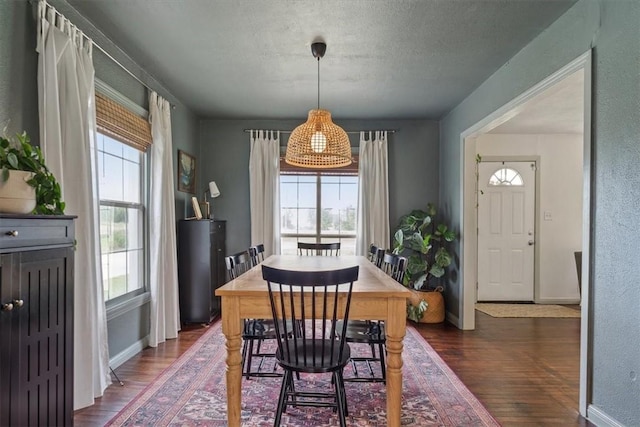 dining space featuring a textured ceiling, dark hardwood / wood-style floors, and a healthy amount of sunlight