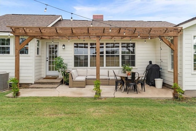 rear view of property featuring a pergola, central AC, and a yard