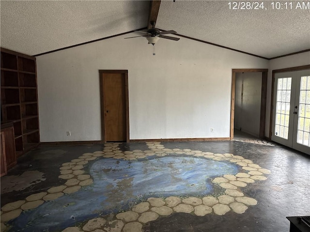 unfurnished room with ceiling fan, a textured ceiling, french doors, vaulted ceiling, and crown molding