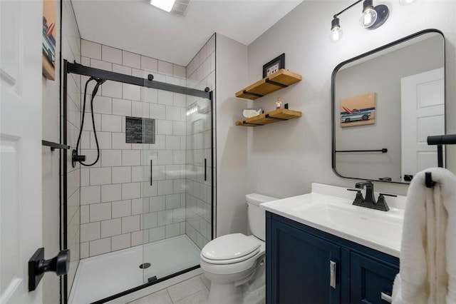 bathroom with tile patterned flooring, vanity, an enclosed shower, and toilet