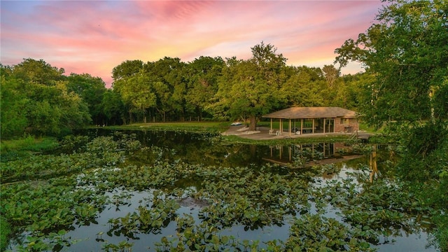 exterior space with a water view