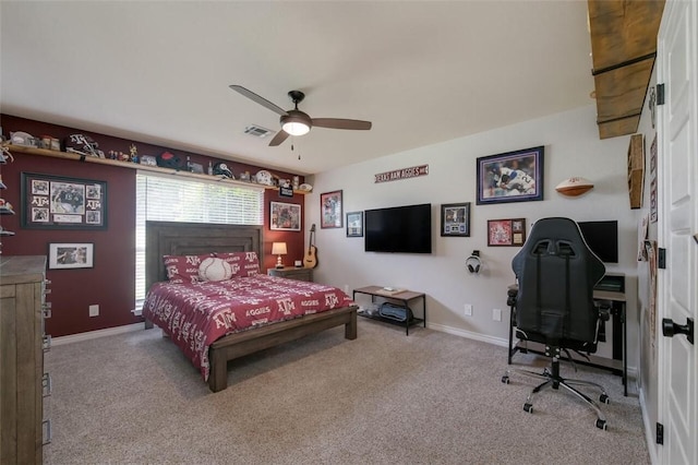 bedroom featuring ceiling fan and light colored carpet