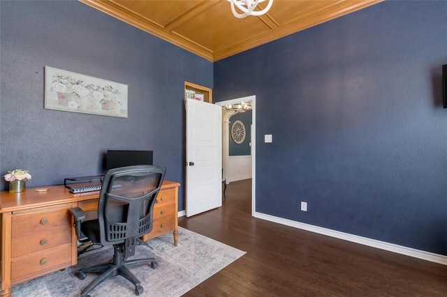 office area featuring dark hardwood / wood-style floors and crown molding