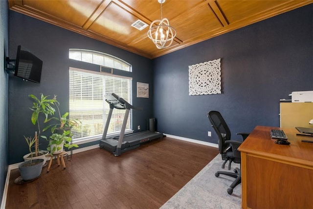 office space with wood ceiling, a chandelier, dark wood-type flooring, and ornamental molding