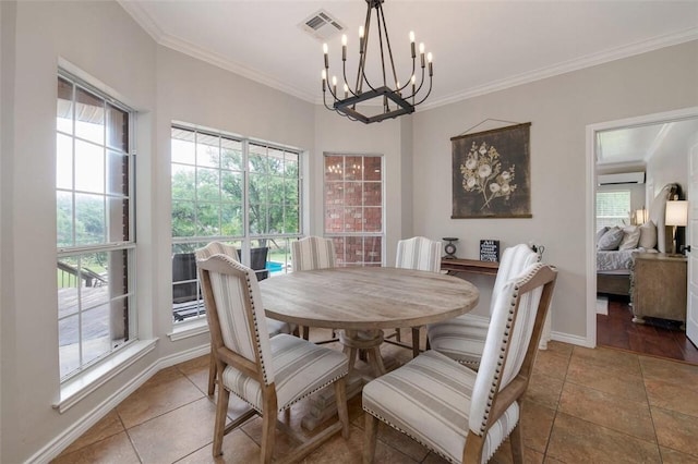 dining room with tile patterned flooring, a notable chandelier, ornamental molding, and a wall mounted AC