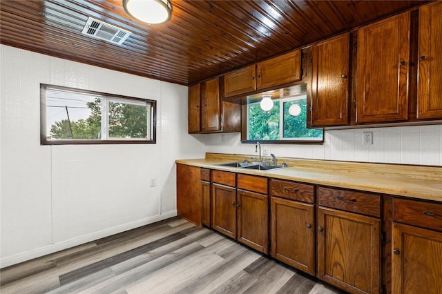 kitchen featuring decorative backsplash, a healthy amount of sunlight, sink, and light hardwood / wood-style floors