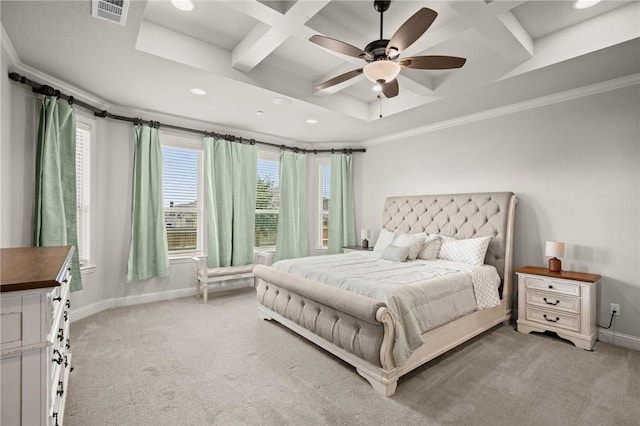 bedroom with light colored carpet, visible vents, ceiling fan, coffered ceiling, and baseboards