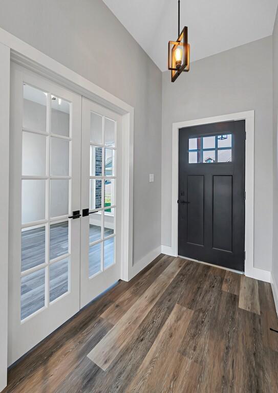 entryway featuring dark wood-type flooring, a wealth of natural light, and french doors