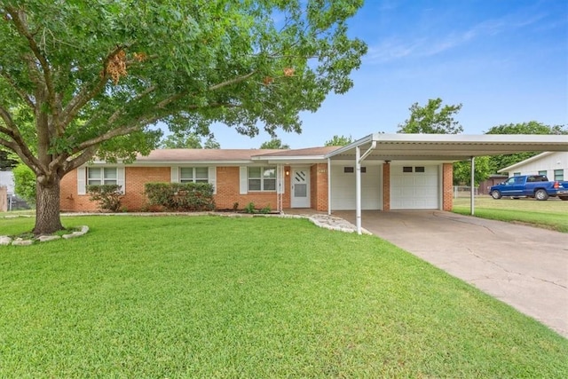 ranch-style house with a carport, a front yard, and a garage