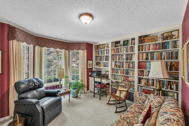 living area featuring a textured ceiling and carpet floors