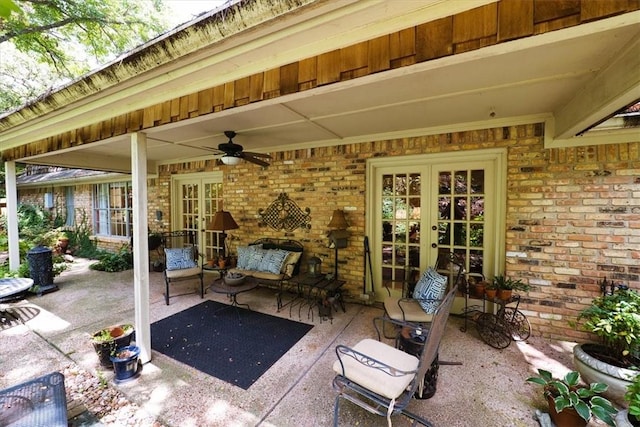 view of patio with ceiling fan, french doors, and an outdoor hangout area