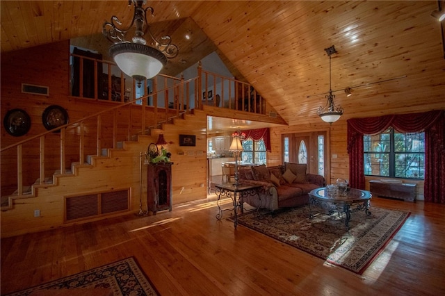 living room featuring hardwood / wood-style flooring, high vaulted ceiling, wood ceiling, and wood walls