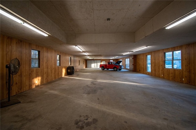 garage with wood walls