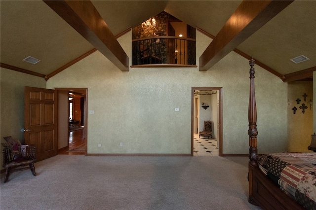 bedroom featuring high vaulted ceiling and light colored carpet