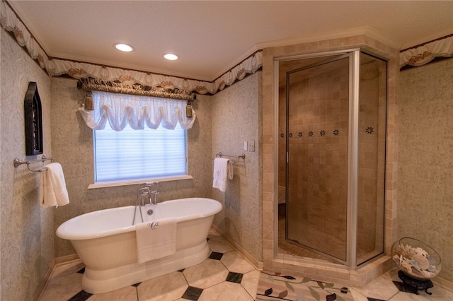 bathroom featuring tile patterned floors, ornamental molding, and plus walk in shower