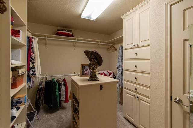 walk in closet with light carpet